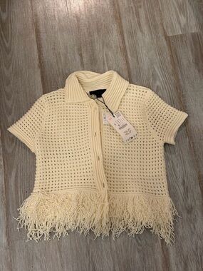 Zara Cream Open Crochet Button-Down Top with Fringe Hem